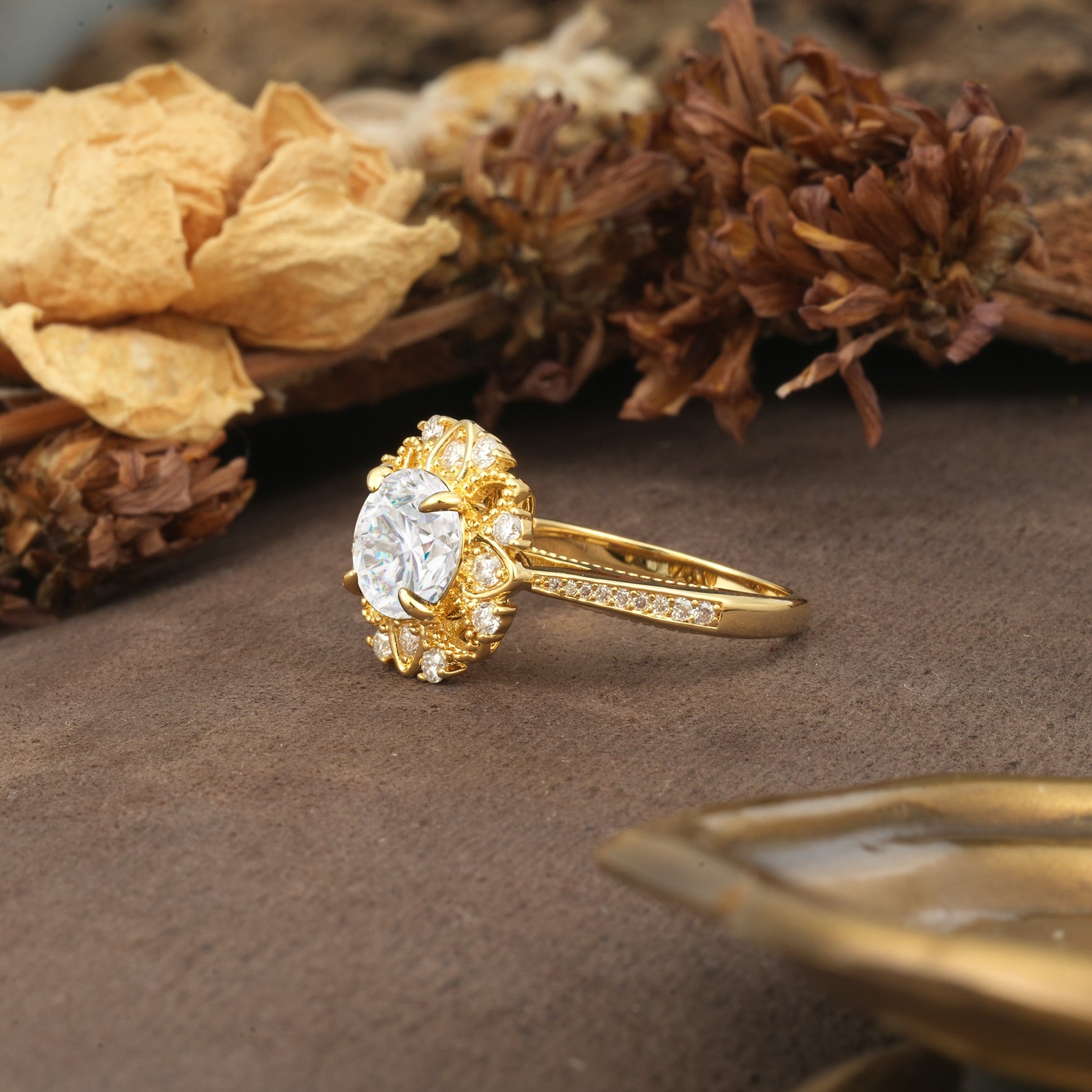 Nature-Inspired, Luxurious Floral Design, 4-Prong Round Cut Moissanite Engagement Ring - Additional view