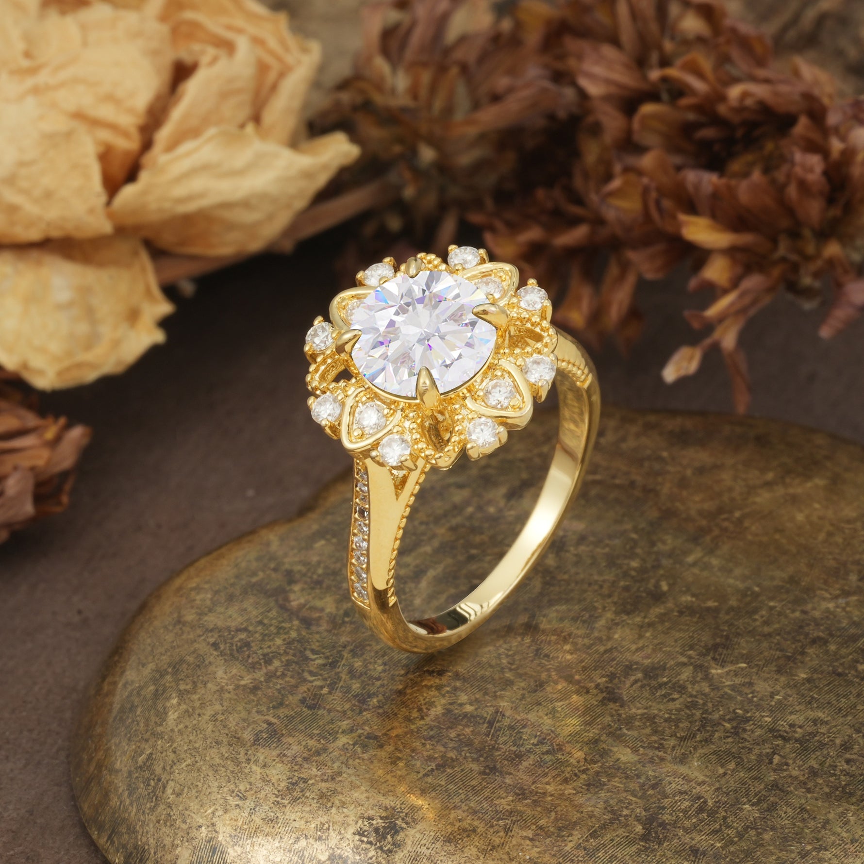 Nature-Inspired, Luxurious Floral Design, 4-Prong Round Cut Moissanite Engagement Ring - Additional view