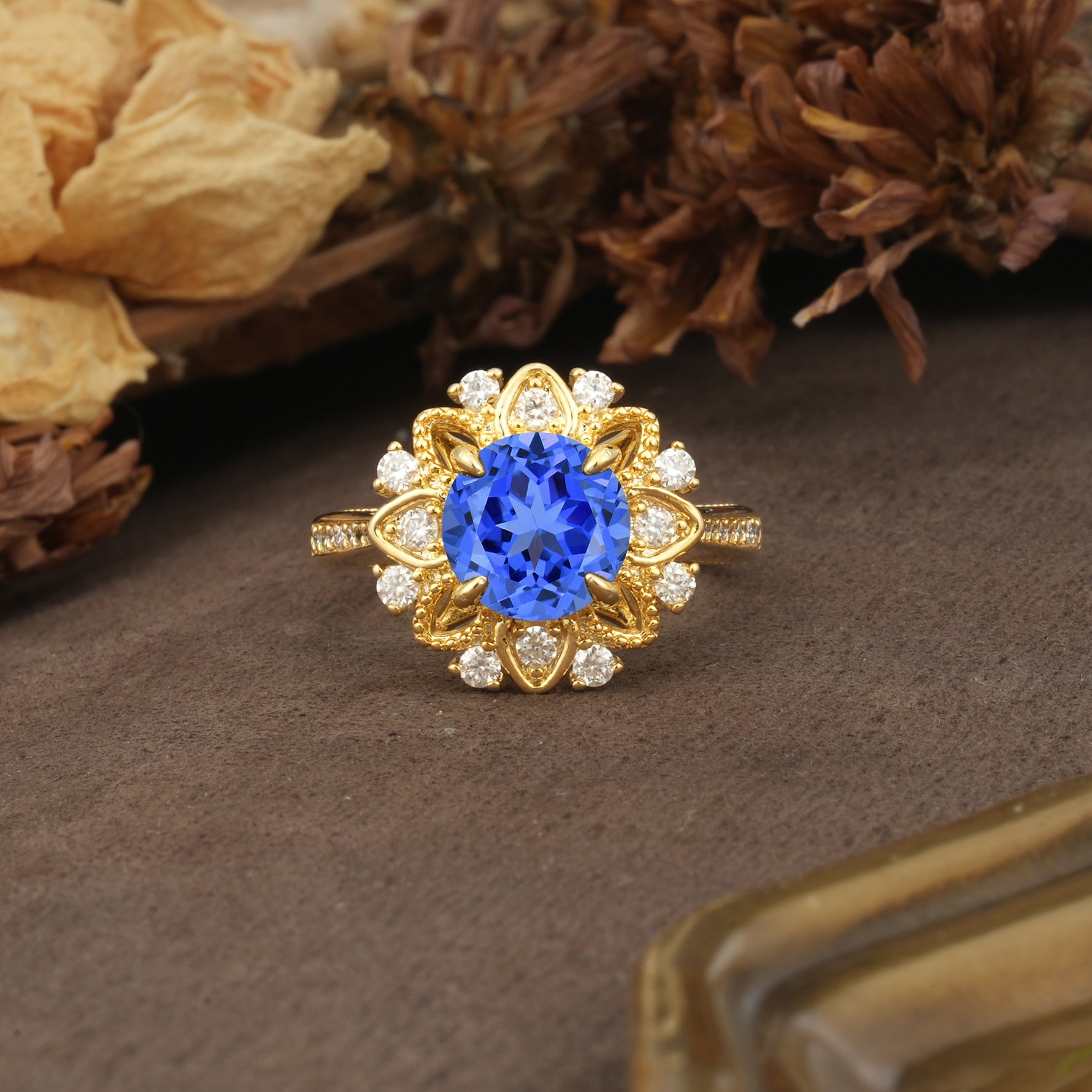 Nature-Inspired, Luxurious Floral Design, 4-Prong Round Cut Sapphire Engagement Ring - Additional view