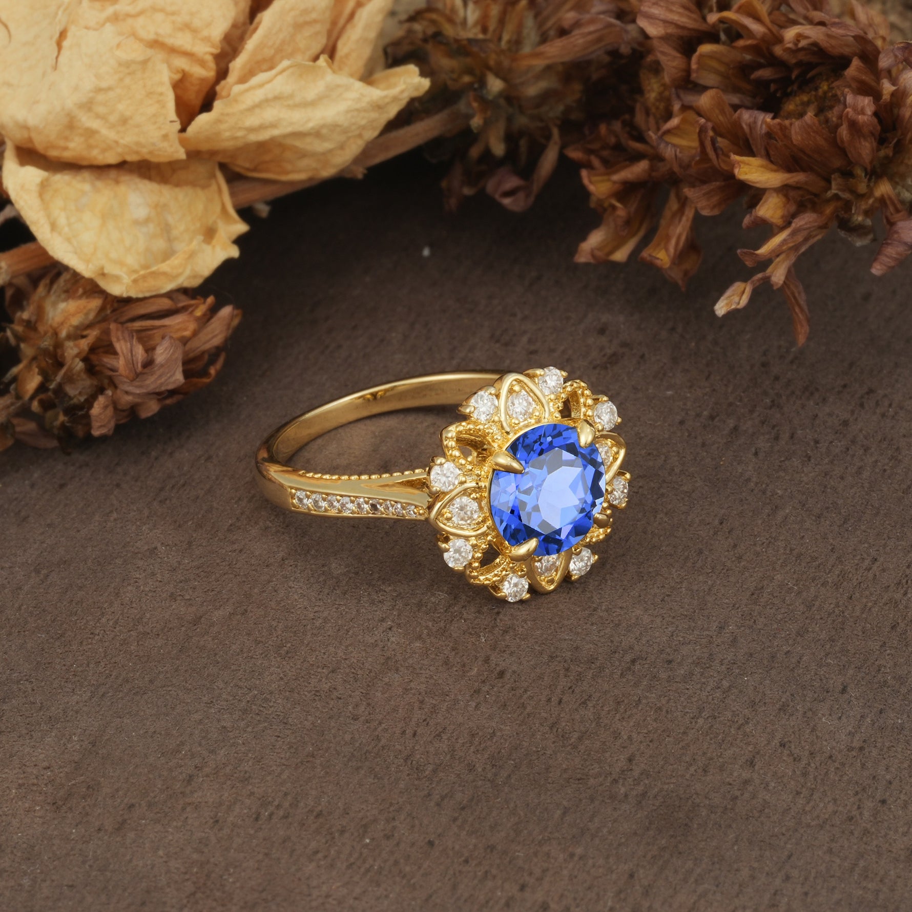 Nature-Inspired, Luxurious Floral Design, 4-Prong Round Cut Sapphire Engagement Ring - Additional view