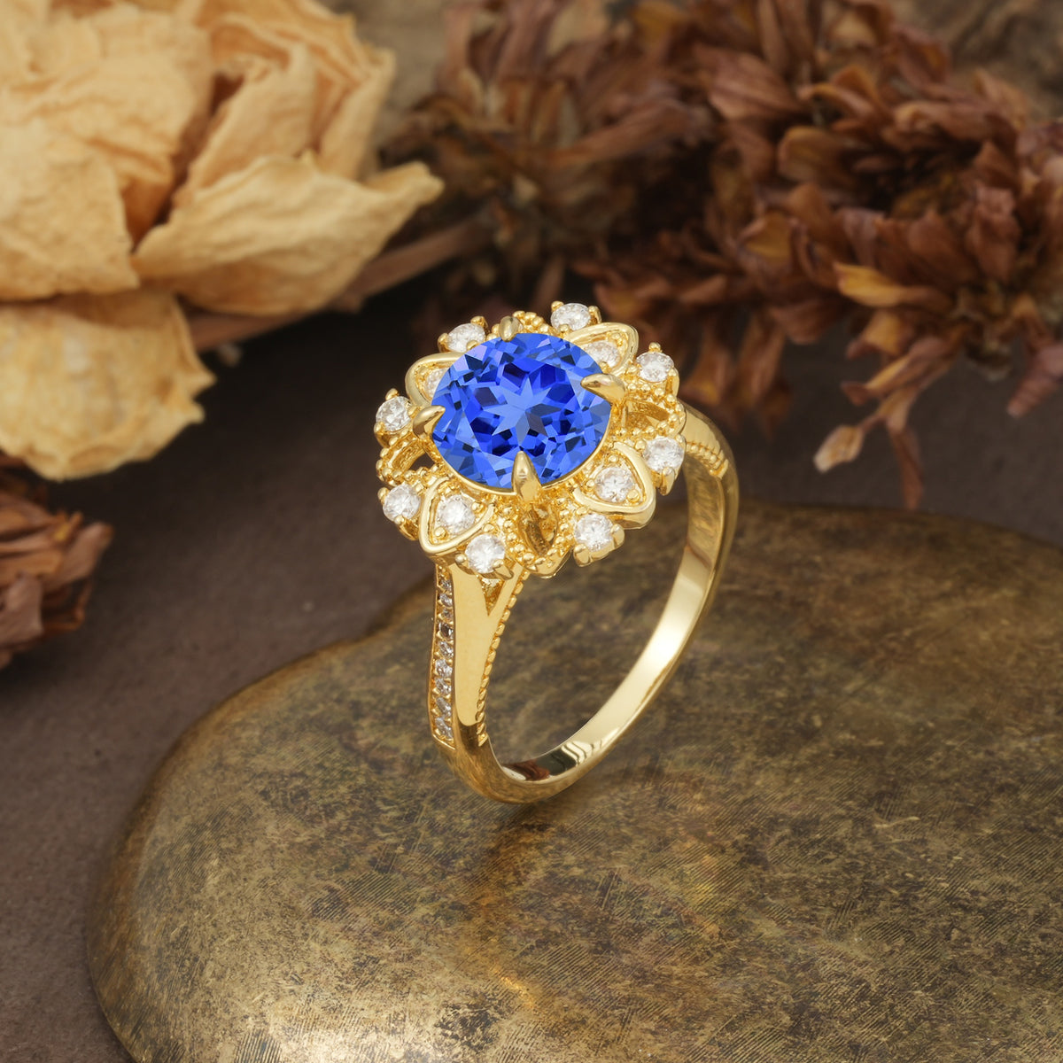 Nature-Inspired, Luxurious Floral Design, 4-Prong Round Cut Sapphire Engagement Ring - Additional view