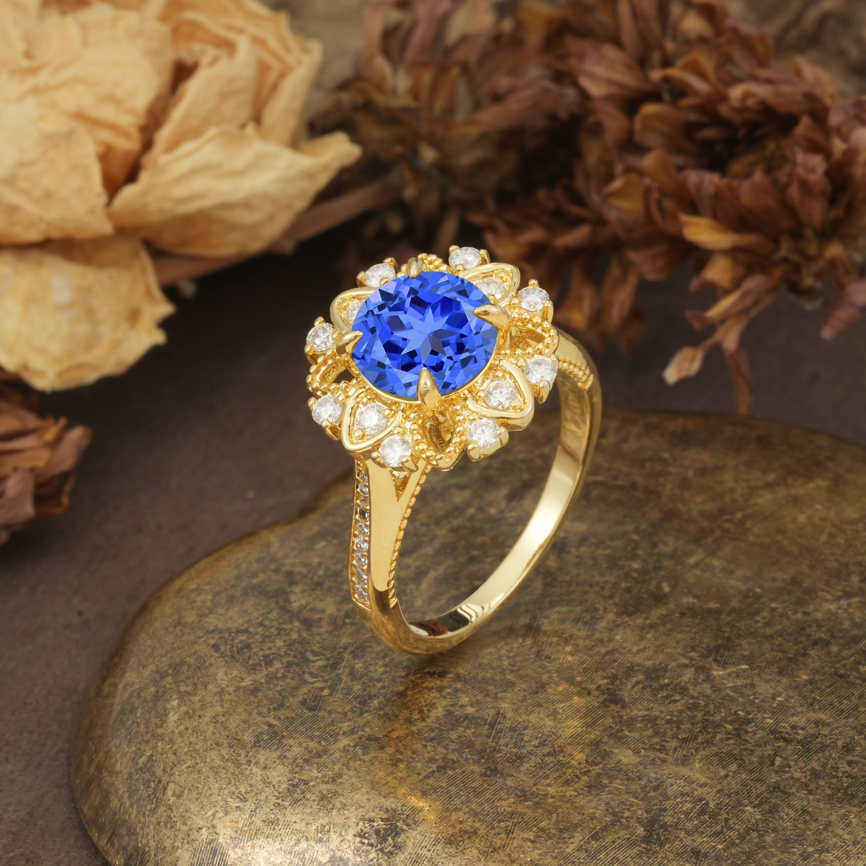 Nature-Inspired, Luxurious Floral Design, 4-Prong Round Cut Sapphire Engagement Ring - Additional view