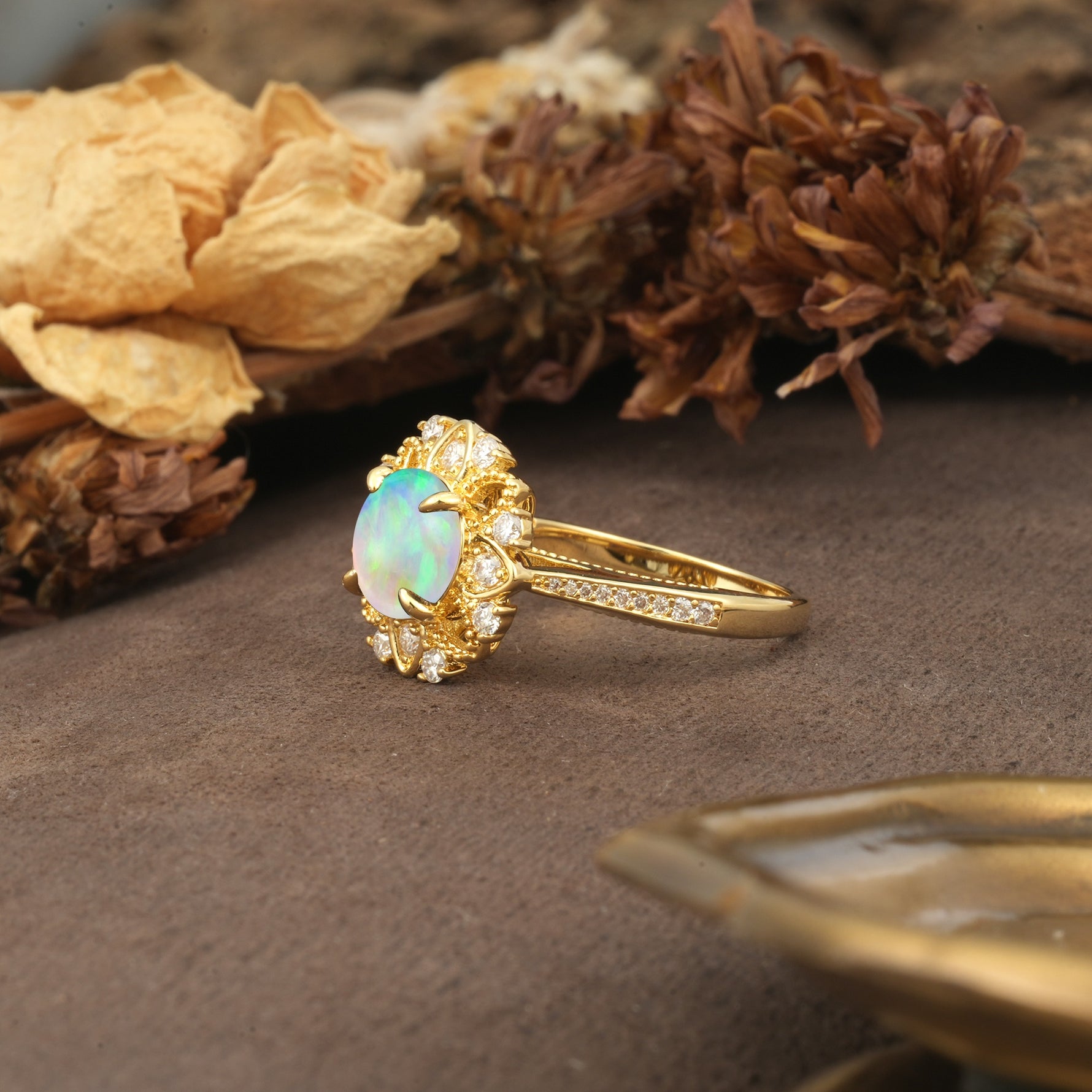 Nature-Inspired, Luxurious Floral Design, 4-Prong Round Cut Fire Opal Engagement Ring - Additional view