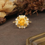 Nature-Inspired, Luxurious Floral Design, 4-Prong Round Cut Citrine Engagement Ring - Additional view