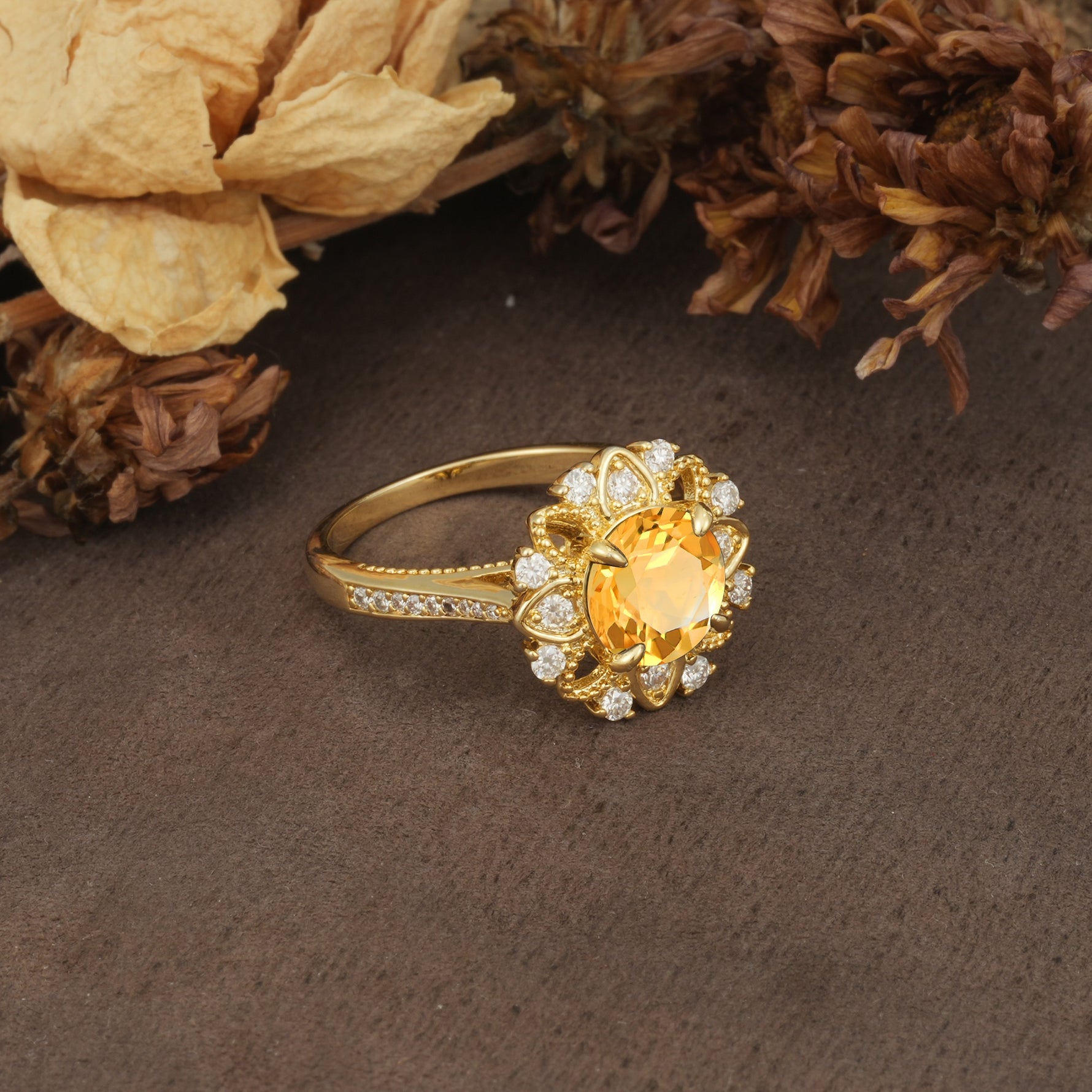 Nature-Inspired, Luxurious Floral Design, 4-Prong Round Cut Citrine Engagement Ring - Additional view