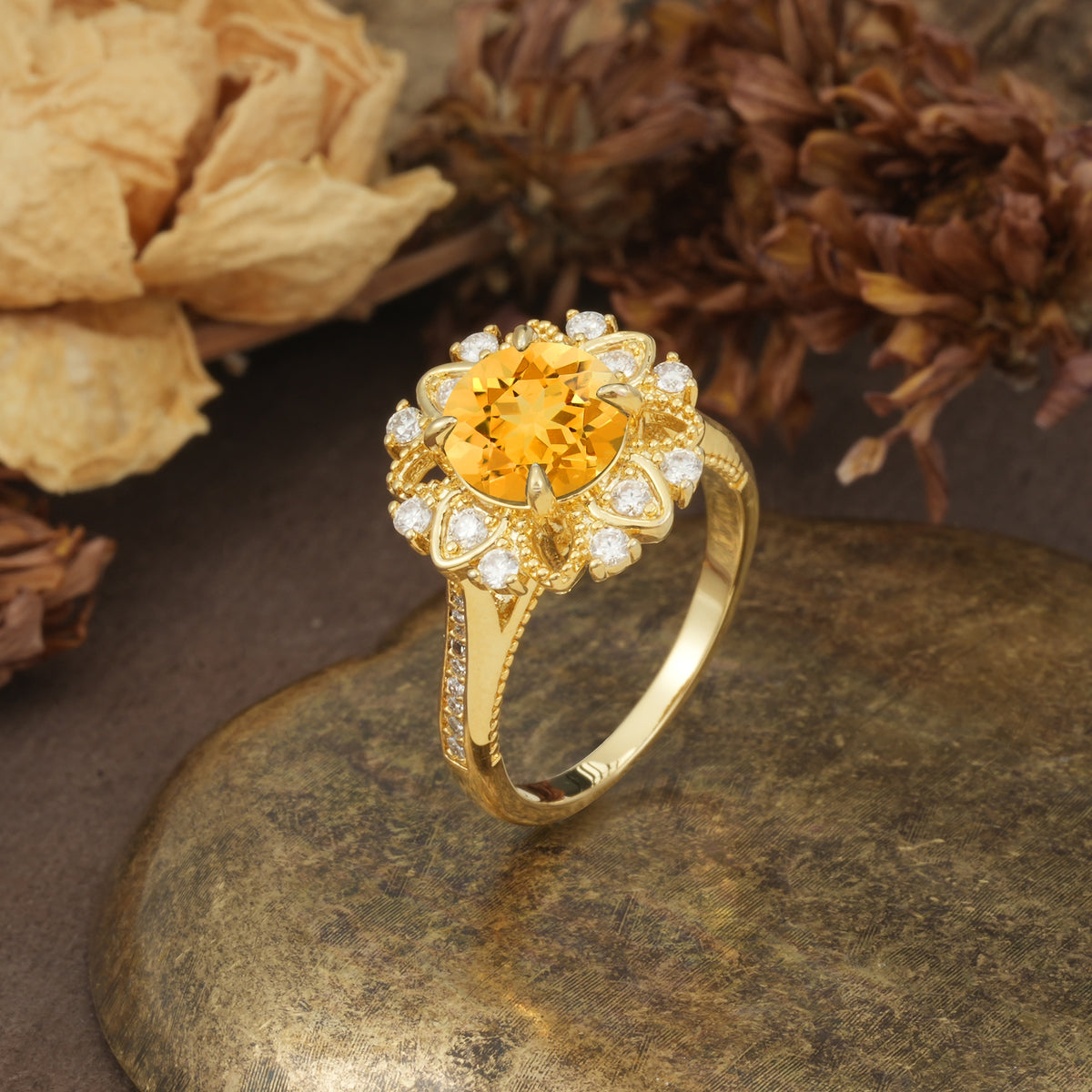 Nature-Inspired, Luxurious Floral Design, 4-Prong Round Cut Citrine Engagement Ring - Additional view
