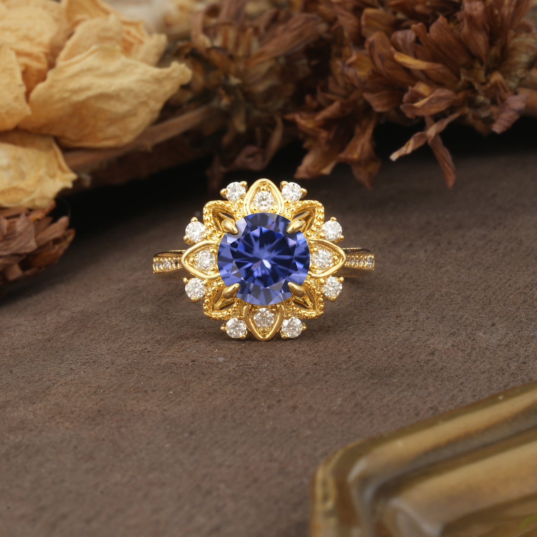 Nature-Inspired, Luxurious Floral Design, 4-Prong Round Cut Tanzanite Engagement Ring - Additional view