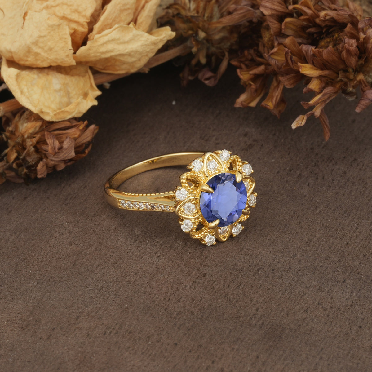 Nature-Inspired, Luxurious Floral Design, 4-Prong Round Cut Tanzanite Engagement Ring - Additional view