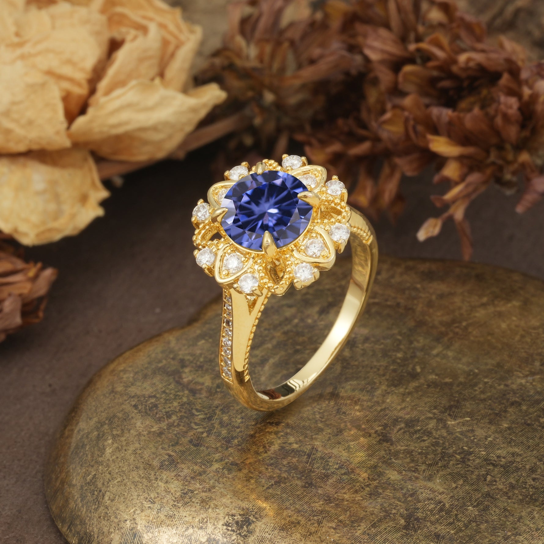 Nature-Inspired, Luxurious Floral Design, 4-Prong Round Cut Tanzanite Engagement Ring - Additional view