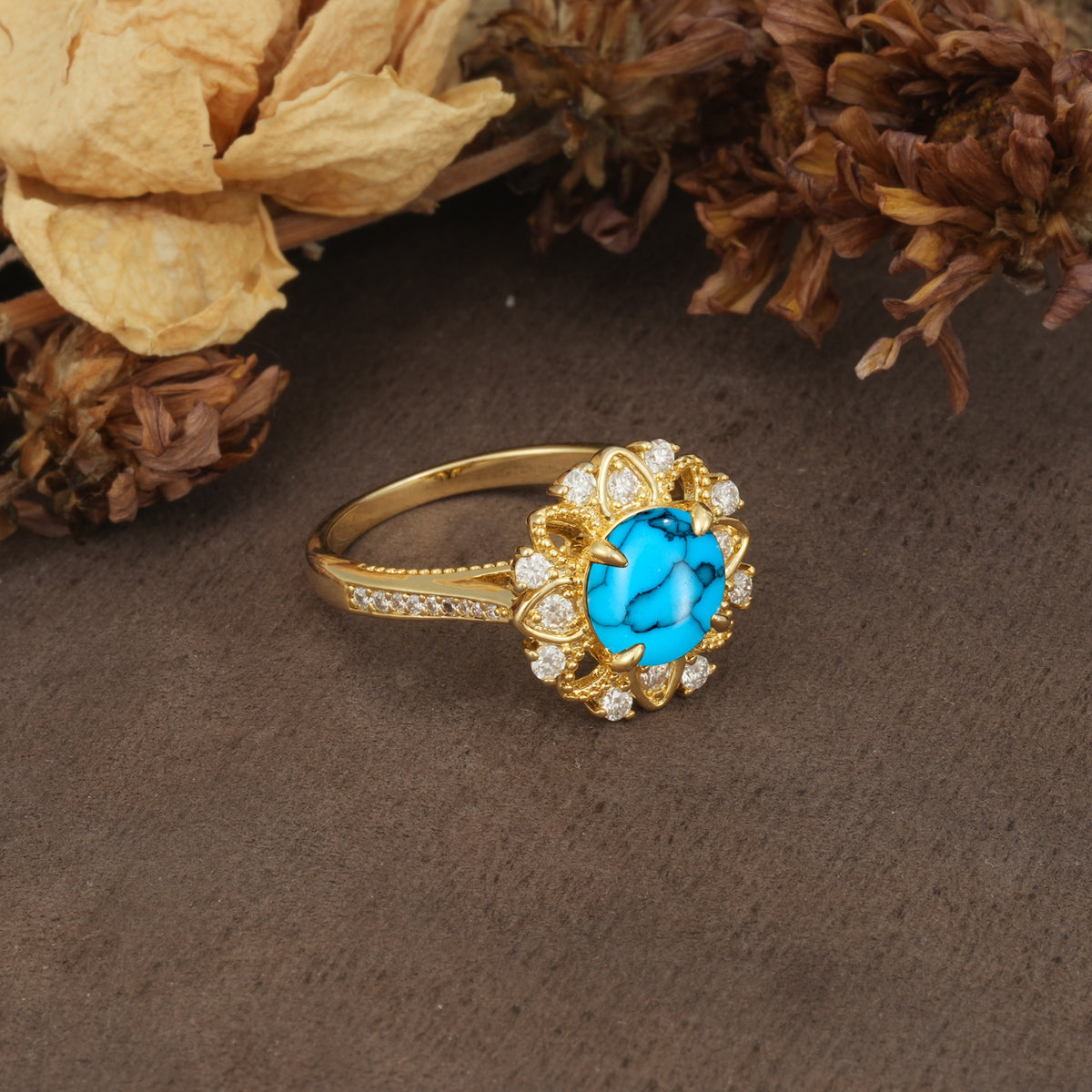 Nature-Inspired, Luxurious Floral Design, 4-Prong Round Cut Turquoise Engagement Ring - Additional view