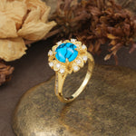 Nature-Inspired, Luxurious Floral Design, 4-Prong Round Cut Turquoise Engagement Ring - Additional view