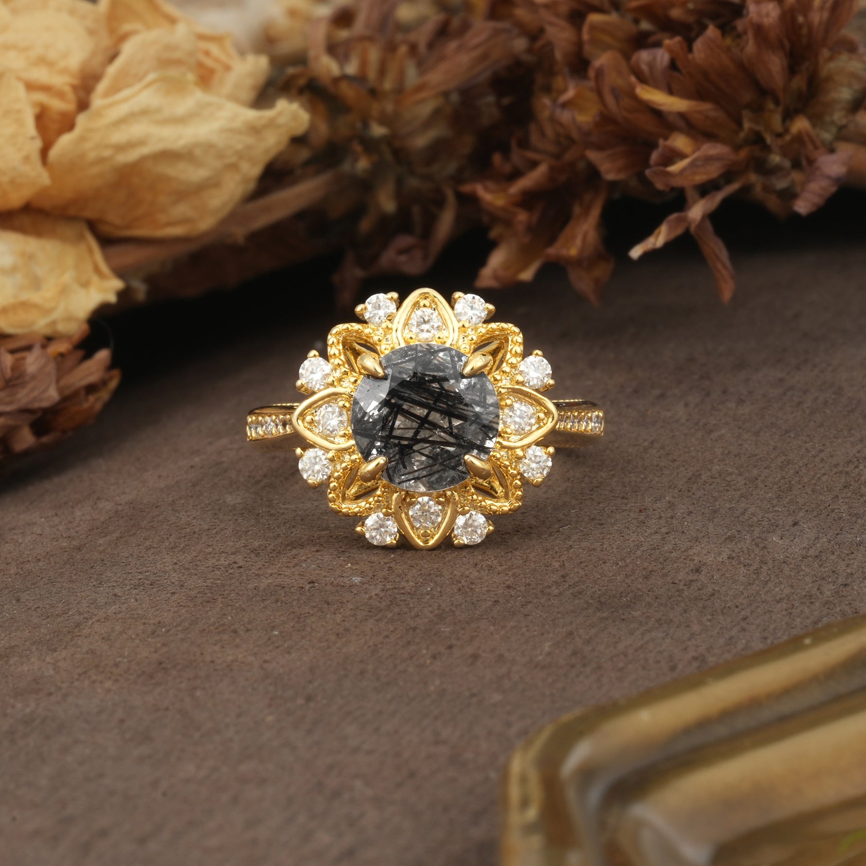 Nature-Inspired, Luxurious Floral Design, 4-Prong Round Cut Black Rutilated Quartz Engagement Ring - Additional view