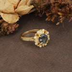 Nature-Inspired, Luxurious Floral Design, 4-Prong Round Cut Black Rutilated Quartz Engagement Ring - Additional view