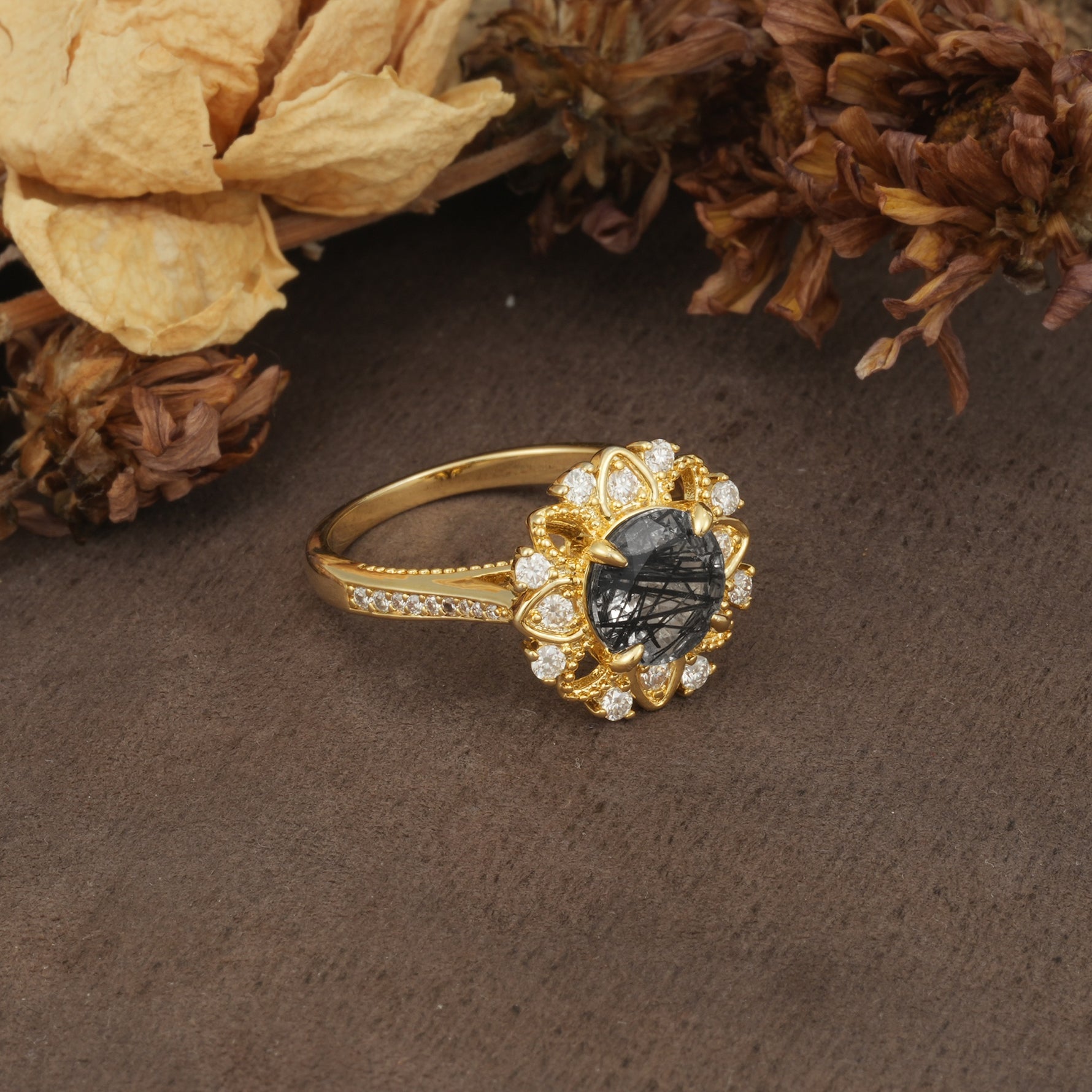 Nature-Inspired, Luxurious Floral Design, 4-Prong Round Cut Black Rutilated Quartz Engagement Ring - Additional view