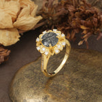 Nature-Inspired, Luxurious Floral Design, 4-Prong Round Cut Black Rutilated Quartz Engagement Ring - Additional view