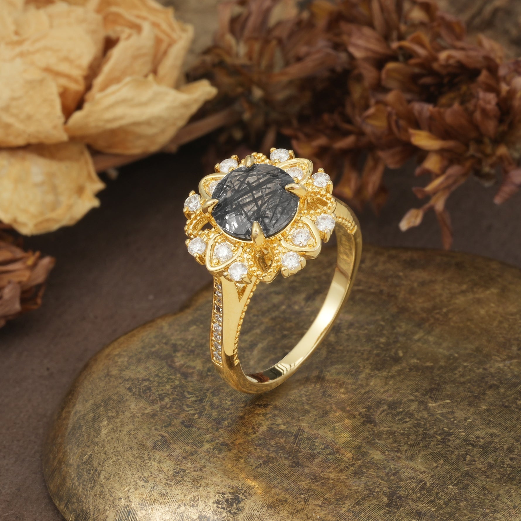Nature-Inspired, Luxurious Floral Design, 4-Prong Round Cut Black Rutilated Quartz Engagement Ring - Additional view