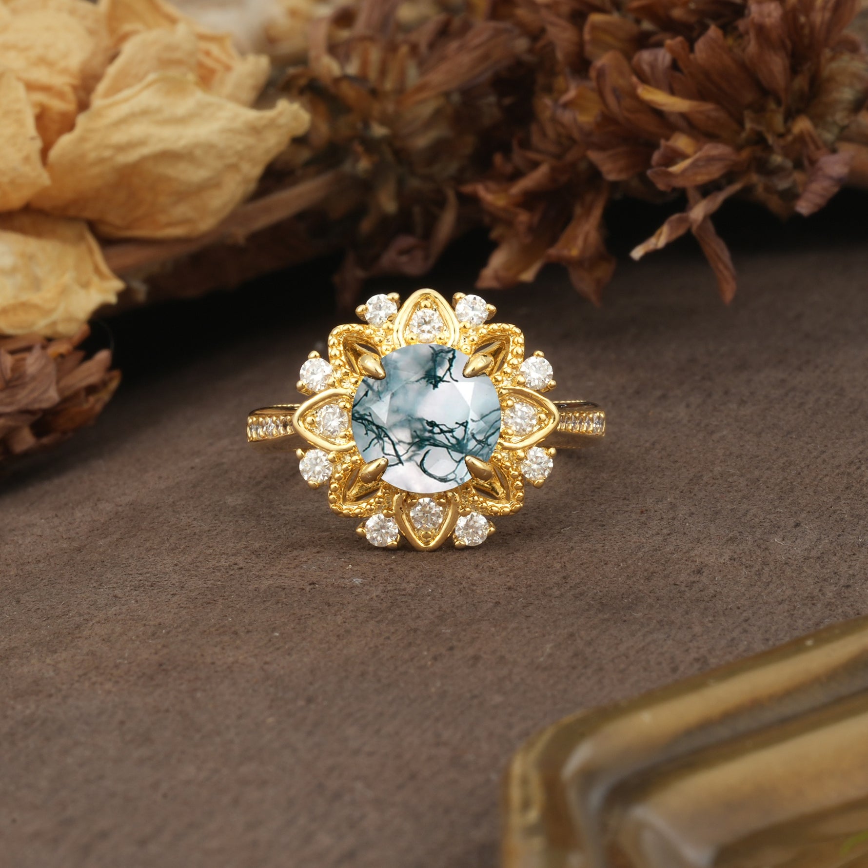 Nature-Inspired, Luxurious Floral Design, 4-Prong Round Cut Moss Agate Engagement Ring - Additional view