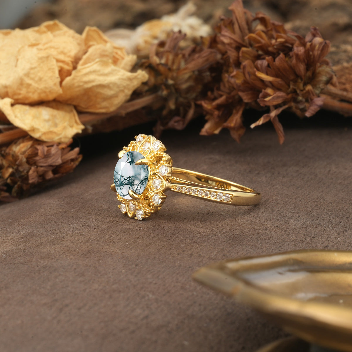 Nature-Inspired, Luxurious Floral Design, 4-Prong Round Cut Moss Agate Engagement Ring - Additional view
