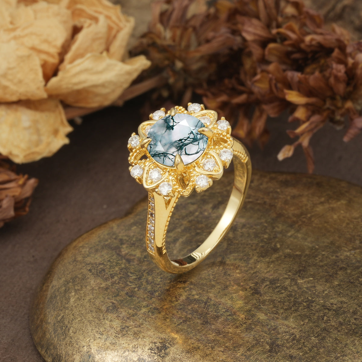 Nature-Inspired, Luxurious Floral Design, 4-Prong Round Cut Moss Agate Engagement Ring - Additional view