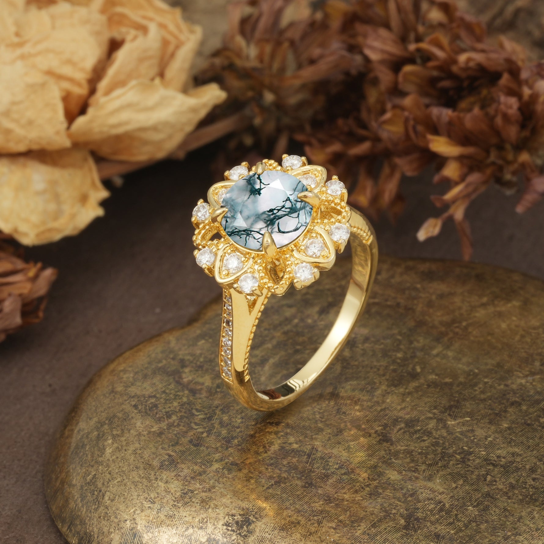 Nature-Inspired, Luxurious Floral Design, 4-Prong Round Cut Moss Agate Engagement Ring - Additional view
