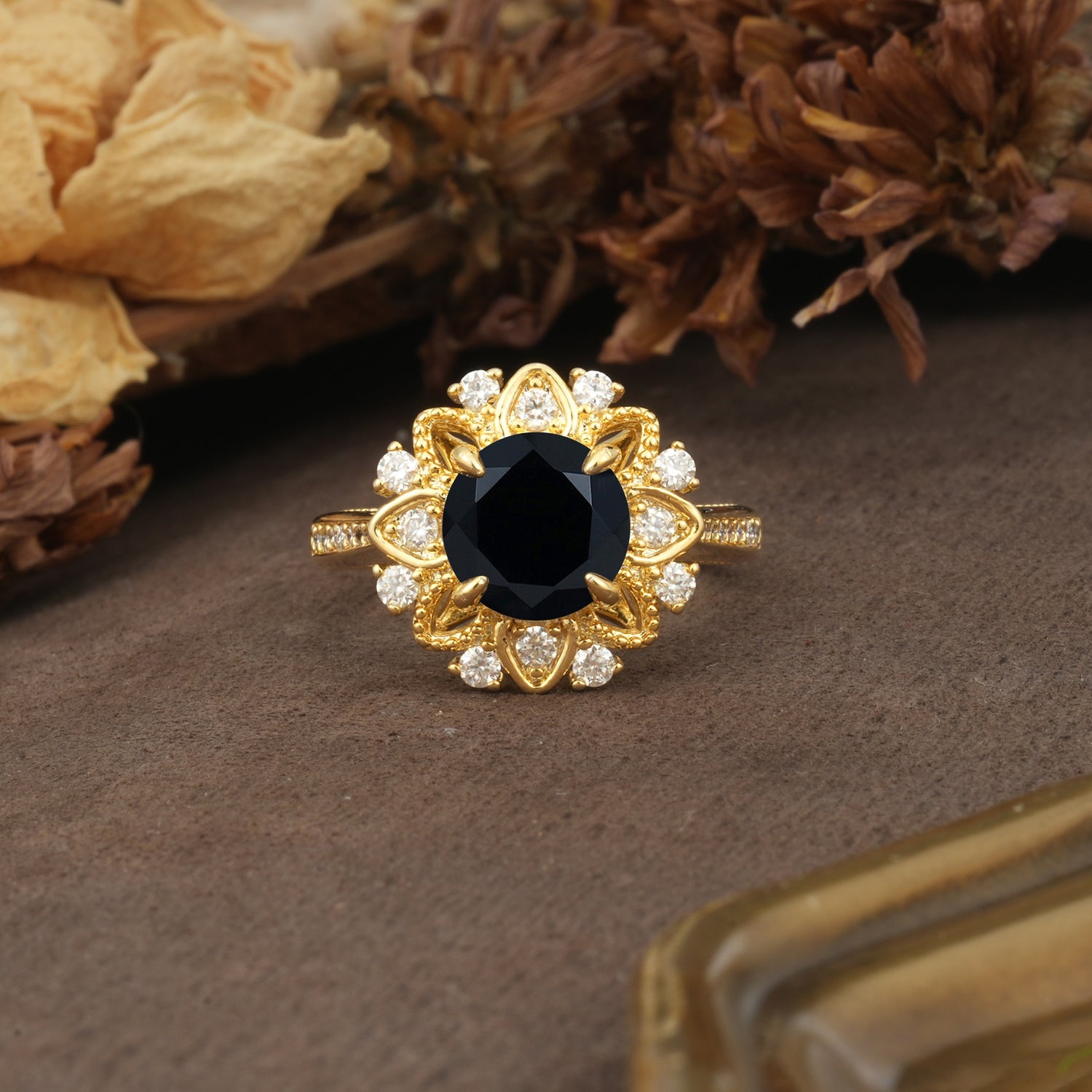 Nature-Inspired, Luxurious Floral Design, 4-Prong Round Cut Black Onyx Engagement Ring - Additional view
