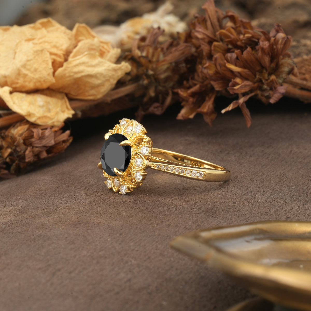 Nature-Inspired, Luxurious Floral Design, 4-Prong Round Cut Black Onyx Engagement Ring - Additional view