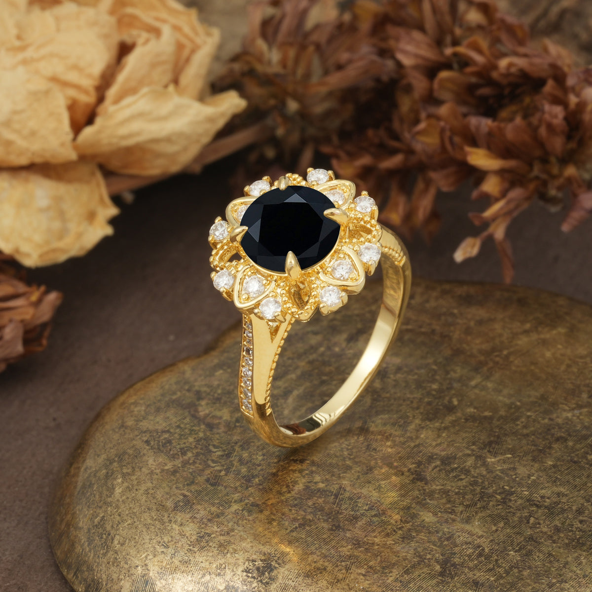 Nature-Inspired, Luxurious Floral Design, 4-Prong Round Cut Black Onyx Engagement Ring - Additional view