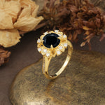 Nature-Inspired, Luxurious Floral Design, 4-Prong Round Cut Black Onyx Engagement Ring - Additional view