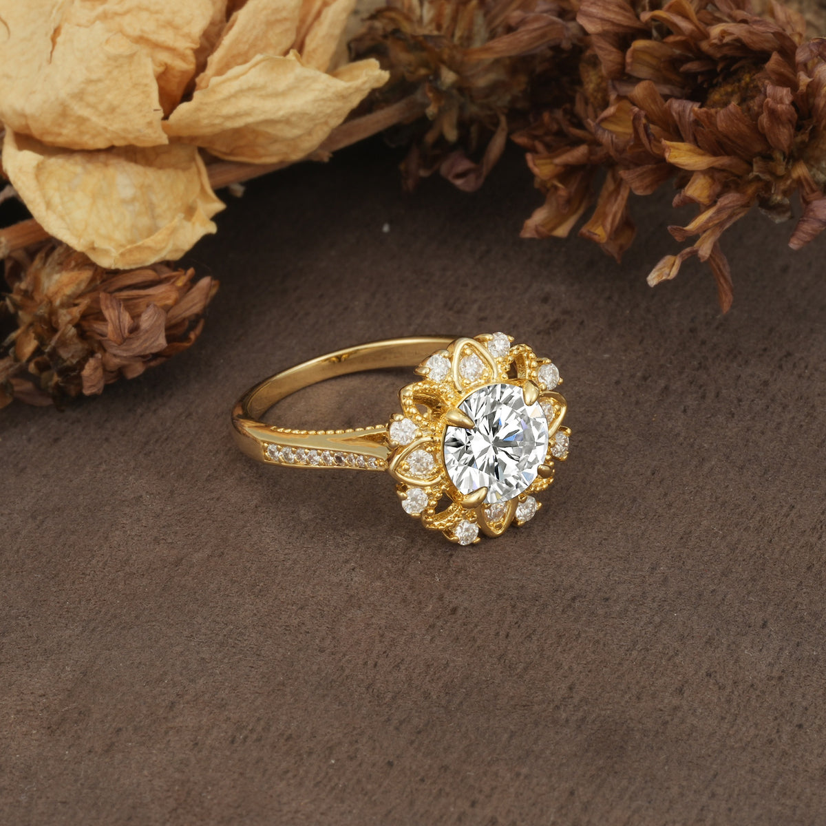 Nature-Inspired, Luxurious Floral Design, 4-Prong Round Cut Lab Diamond Engagement Ring - Additional view