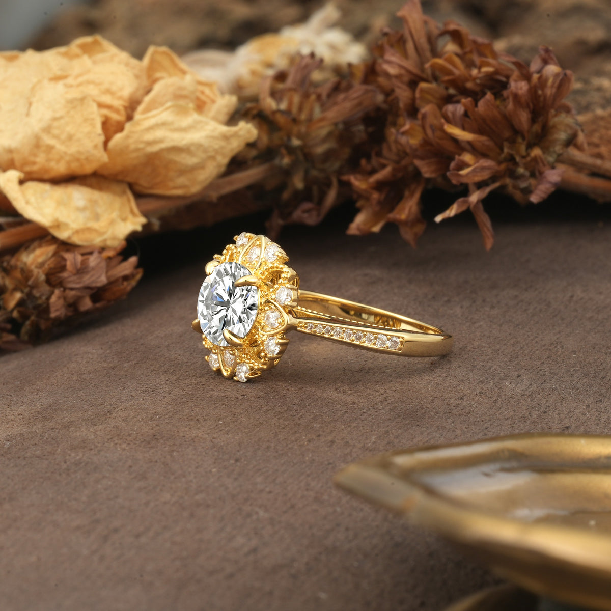 Nature-Inspired, Luxurious Floral Design, 4-Prong Round Cut Lab Diamond Engagement Ring - Additional view