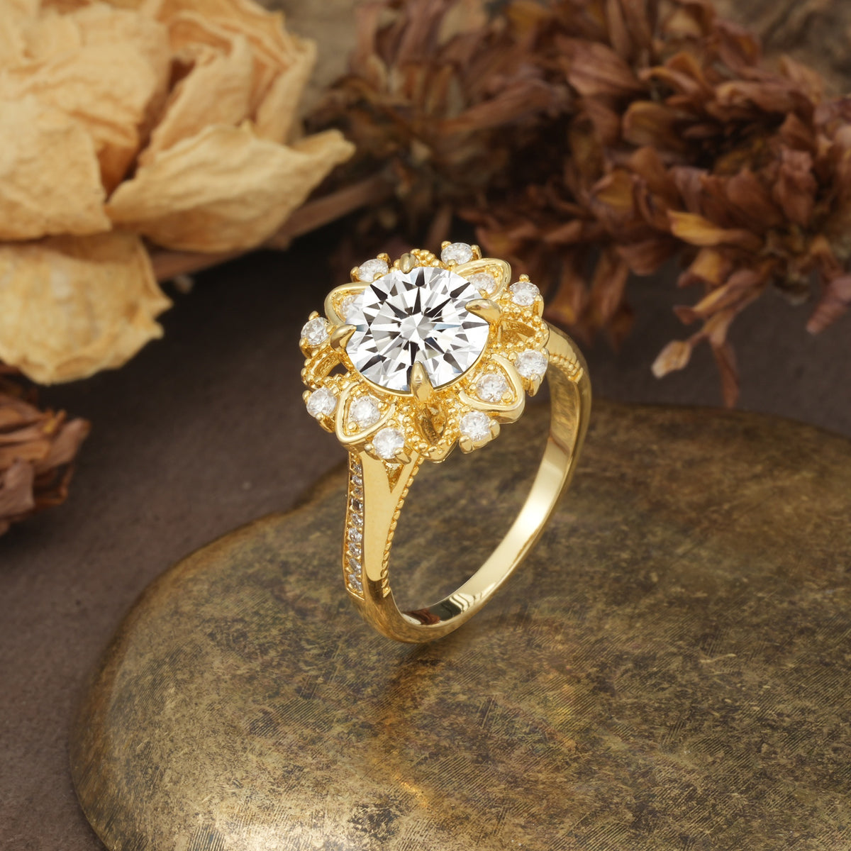 Nature-Inspired, Luxurious Floral Design, 4-Prong Round Cut Lab Diamond Engagement Ring - Additional view