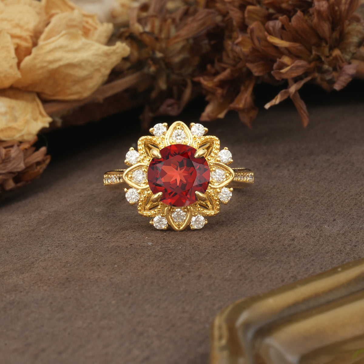 Nature-Inspired, Luxurious Floral Design, 4-Prong Round Cut Garnet Engagement Ring - Additional view