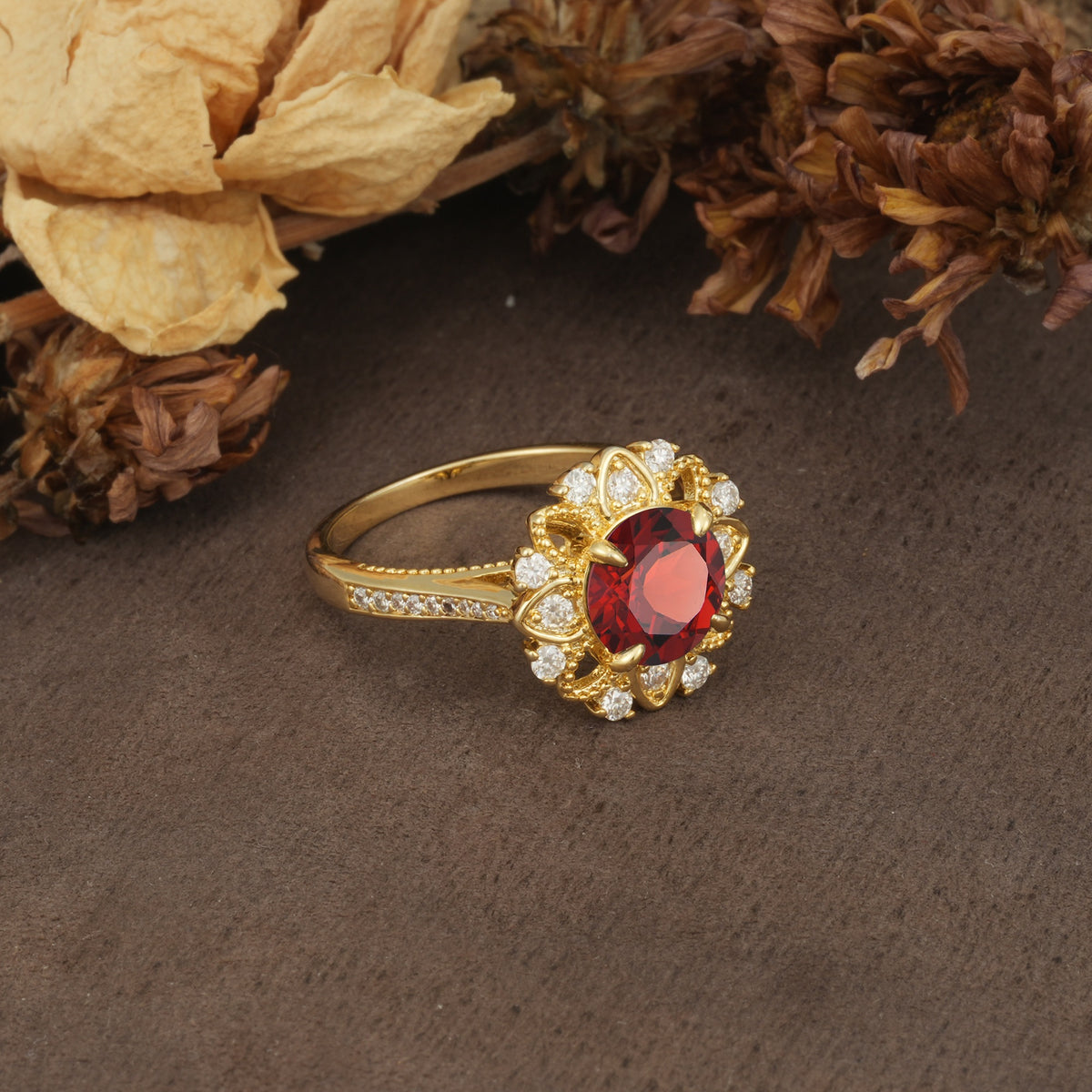 Nature-Inspired, Luxurious Floral Design, 4-Prong Round Cut Garnet Engagement Ring - Additional view