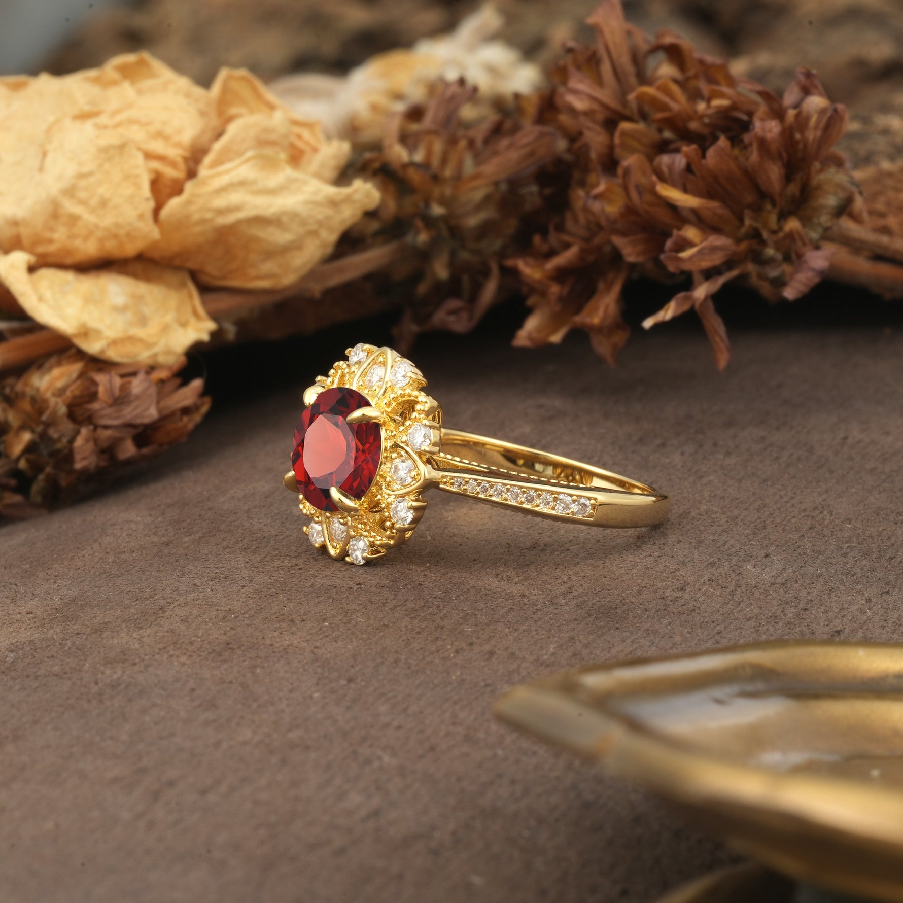 Nature-Inspired, Luxurious Floral Design, 4-Prong Round Cut Garnet Engagement Ring - Additional view