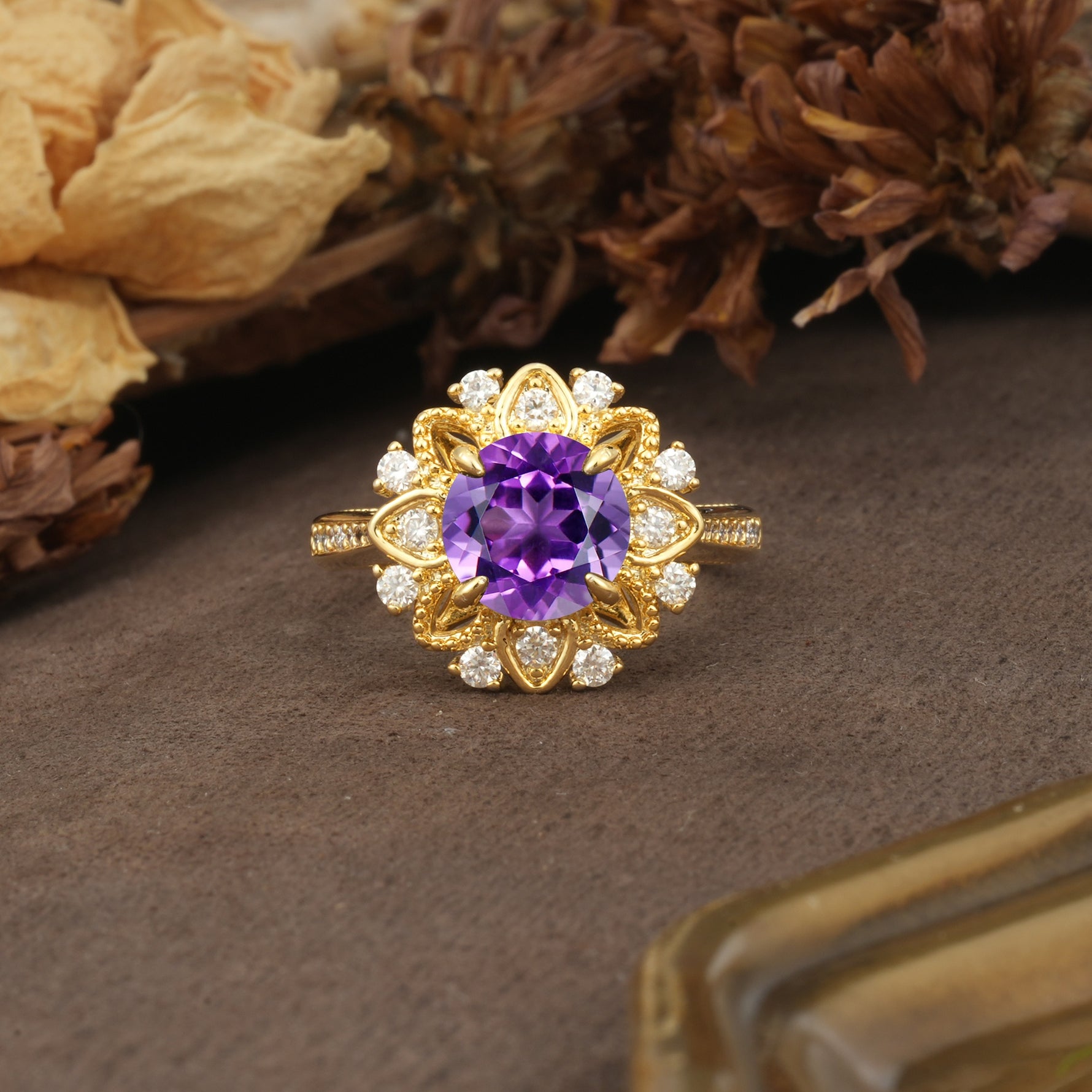 Nature-Inspired, Luxurious Floral Design, 4-Prong Round Cut Amethyst Engagement Ring - Additional view