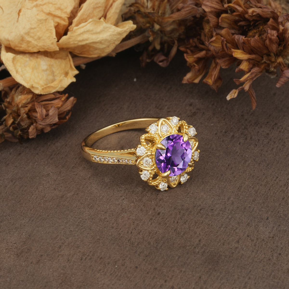 Nature-Inspired, Luxurious Floral Design, 4-Prong Round Cut Amethyst Engagement Ring - Additional view