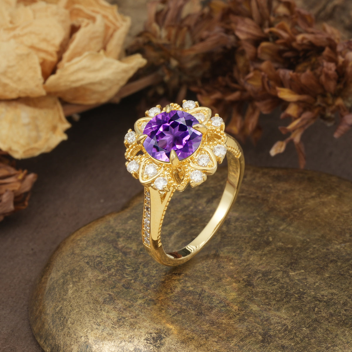 Nature-Inspired, Luxurious Floral Design, 4-Prong Round Cut Amethyst Engagement Ring - Additional view