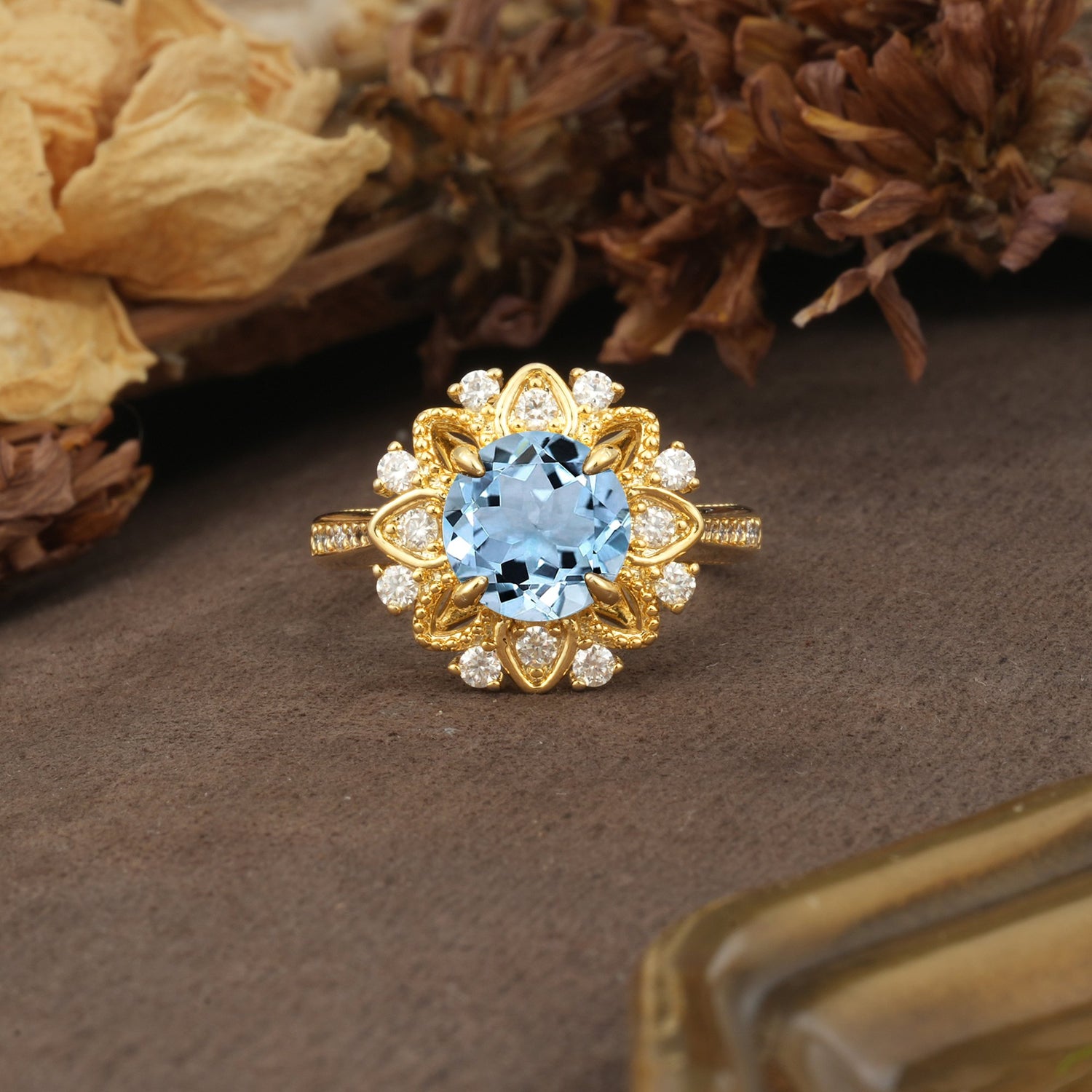 Nature-Inspired, Luxurious Floral Design, 4-Prong Round Cut Aquamarine Engagement Ring