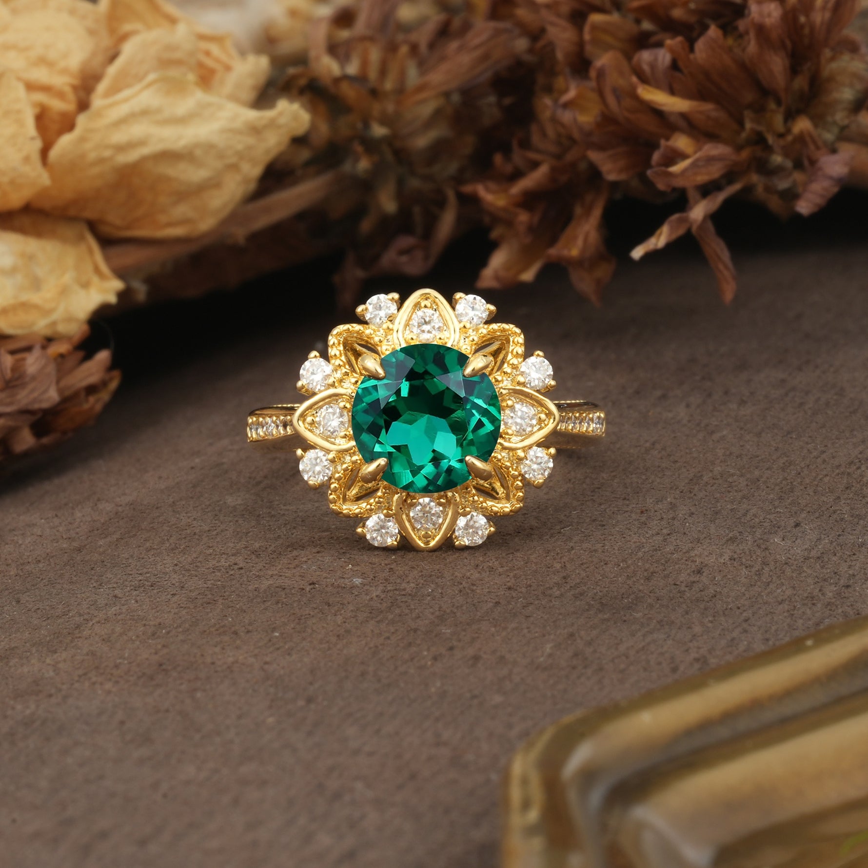 Nature-Inspired, Luxurious Floral Design, 4-Prong Round Cut Emerald Engagement Ring - Additional view