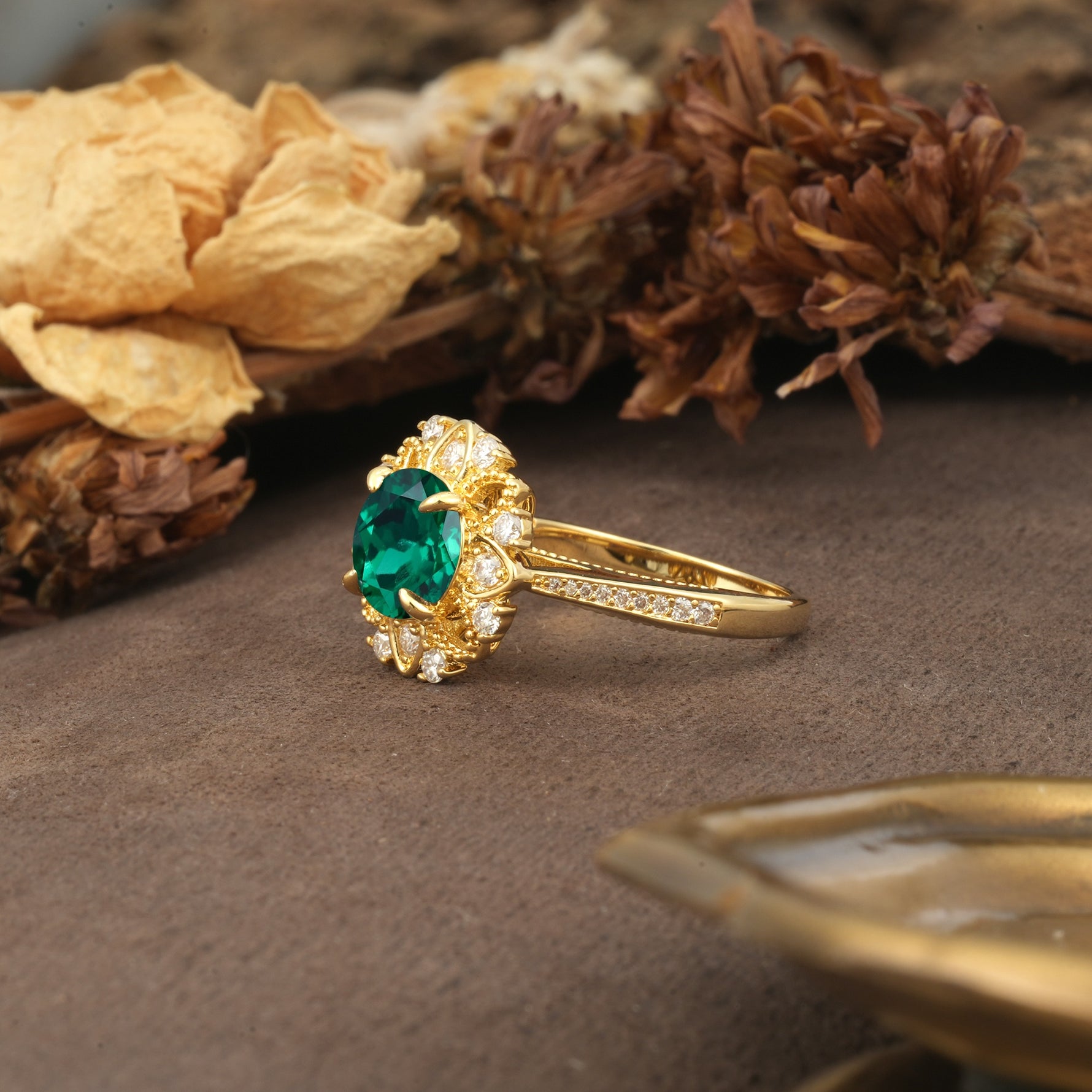 Nature-Inspired, Luxurious Floral Design, 4-Prong Round Cut Emerald Engagement Ring - Additional view