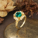 Nature-Inspired, Luxurious Floral Design, 4-Prong Round Cut Emerald Engagement Ring - Additional view