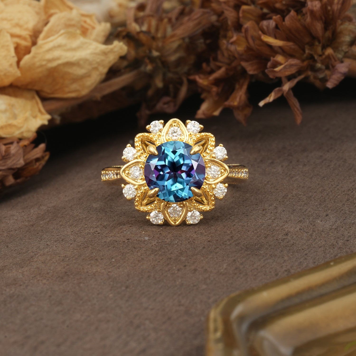 Nature-Inspired, Luxurious Floral Design, 4-Prong Round Cut Alexandrite Engagement Ring - Additional view
