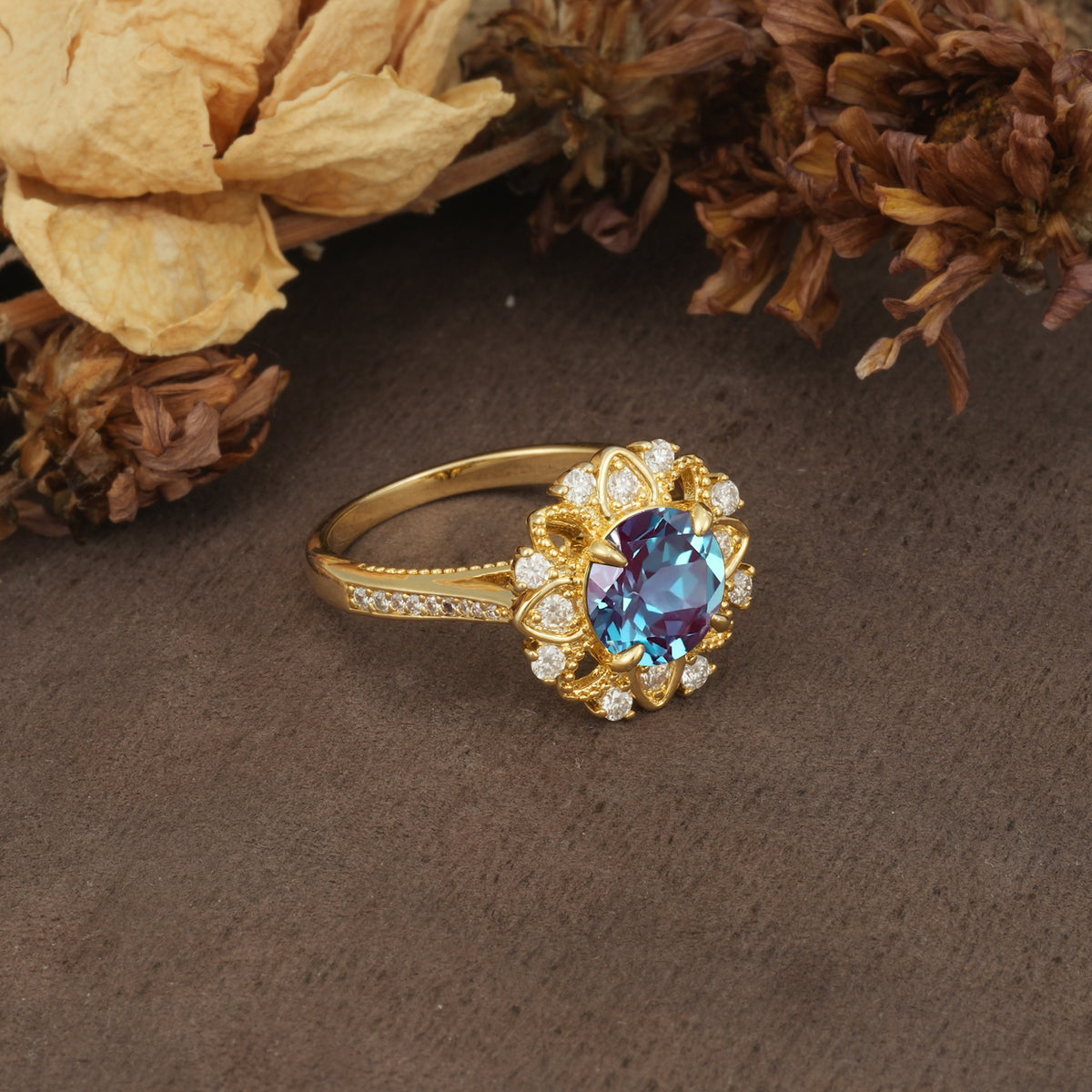 Nature-Inspired, Luxurious Floral Design, 4-Prong Round Cut Alexandrite Engagement Ring - Additional view