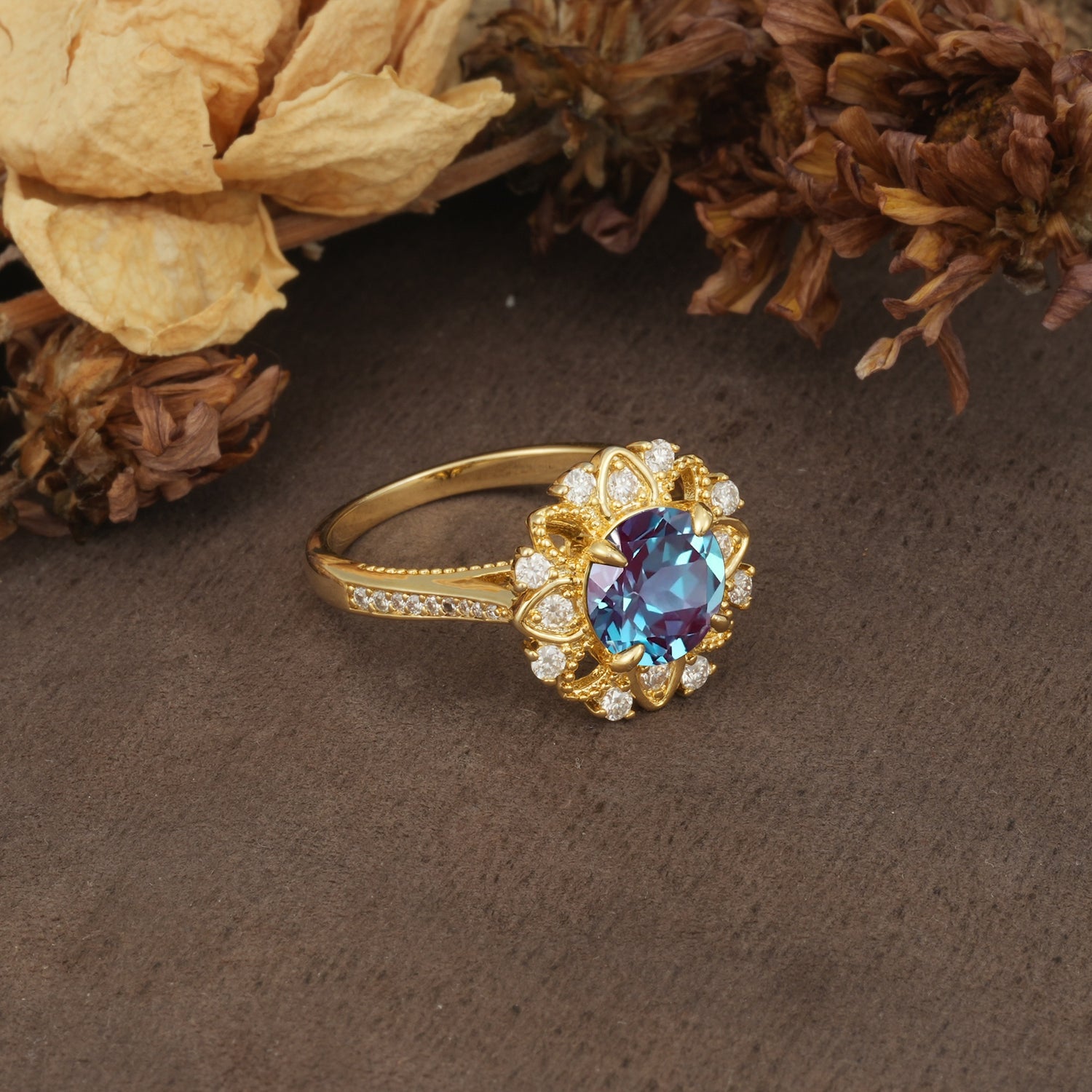 Nature-Inspired, Luxurious Floral Design, 4-Prong Round Cut Alexandrite Engagement Ring - Additional view