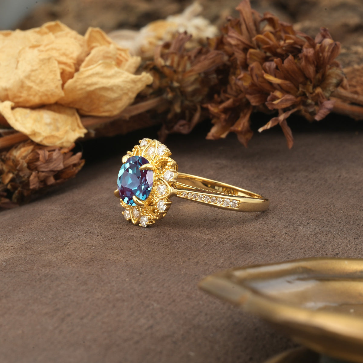 Nature-Inspired, Luxurious Floral Design, 4-Prong Round Cut Alexandrite Engagement Ring - Additional view