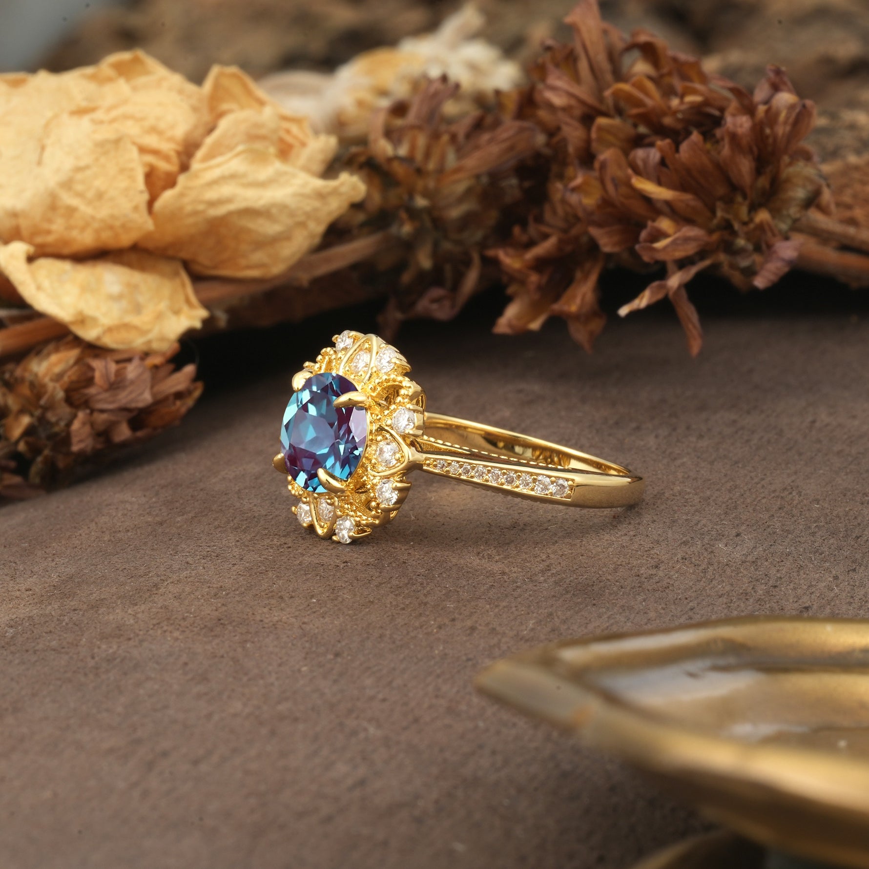 Nature-Inspired, Luxurious Floral Design, 4-Prong Round Cut Alexandrite Engagement Ring - Additional view