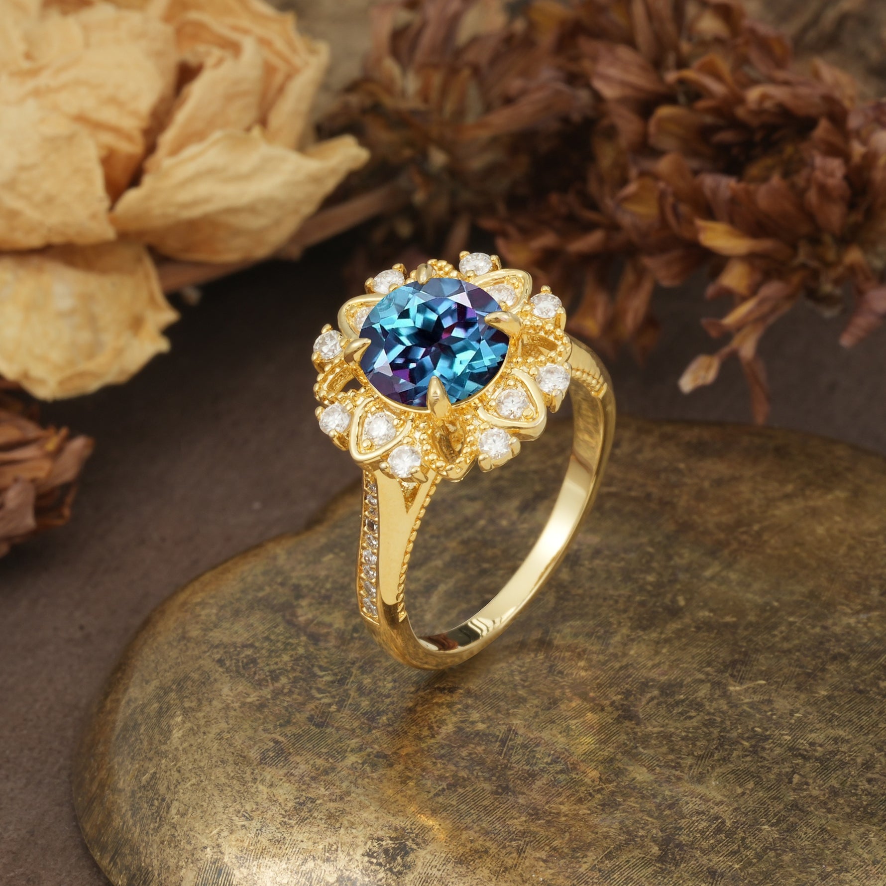 Nature-Inspired, Luxurious Floral Design, 4-Prong Round Cut Alexandrite Engagement Ring - Additional view