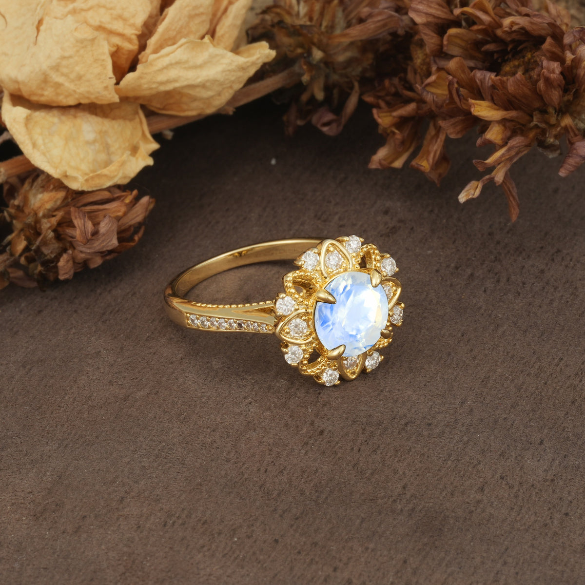 Nature-Inspired, Luxurious Floral Design, 4-Prong Round Cut Moonstone Engagement Ring - Additional view