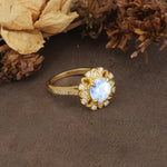 Nature-Inspired, Luxurious Floral Design, 4-Prong Round Cut Moonstone Engagement Ring - Additional view
