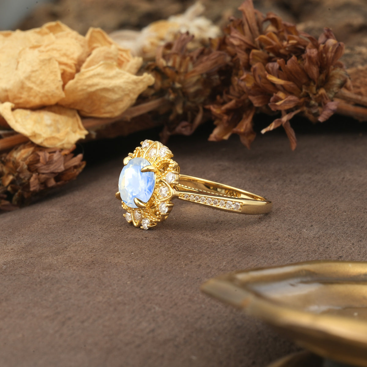 Nature-Inspired, Luxurious Floral Design, 4-Prong Round Cut Moonstone Engagement Ring - Additional view
